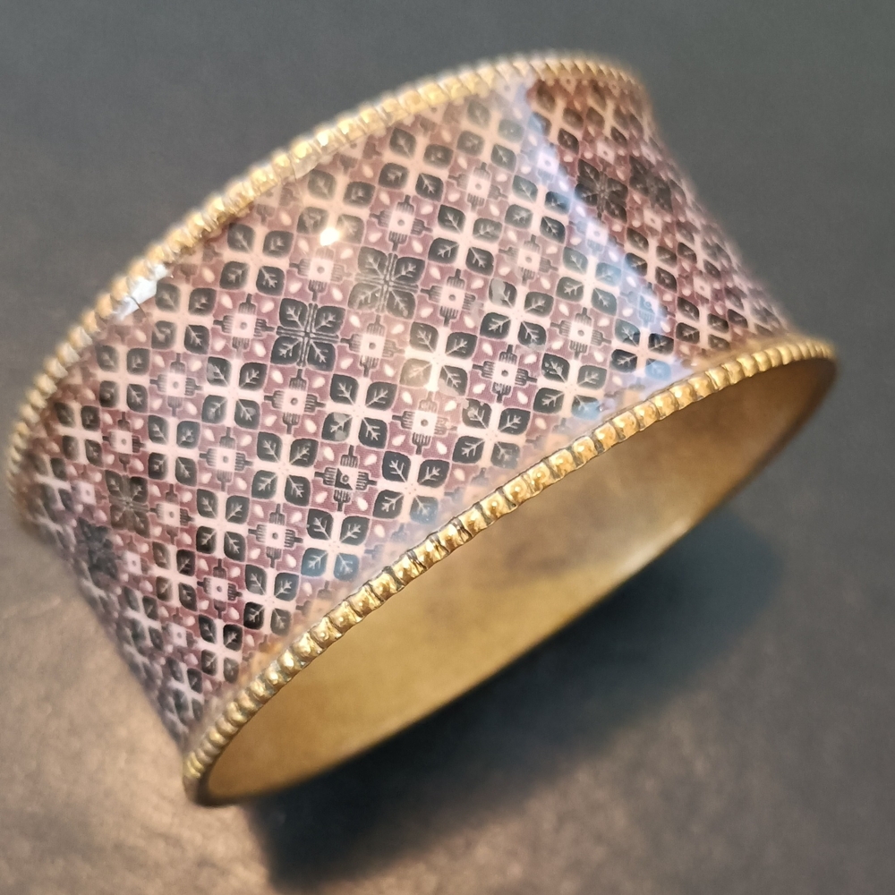 Pink Patterned Enamel Cuff Bracelet with Gold Trim